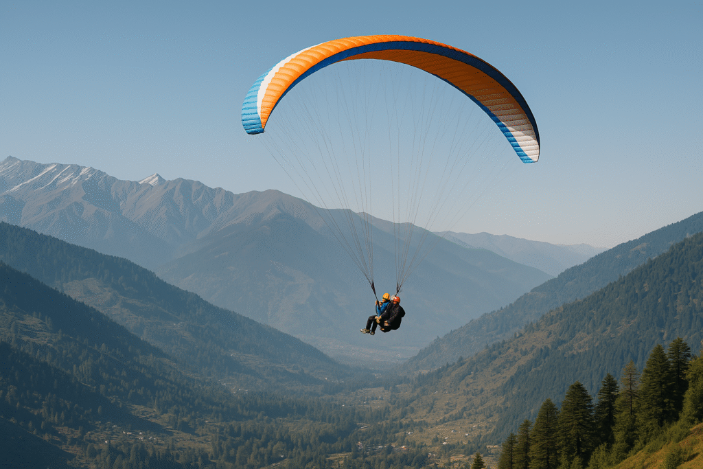 Tourist enjoying tandem paragliding flight at Dobhi, Himachal Pradesh